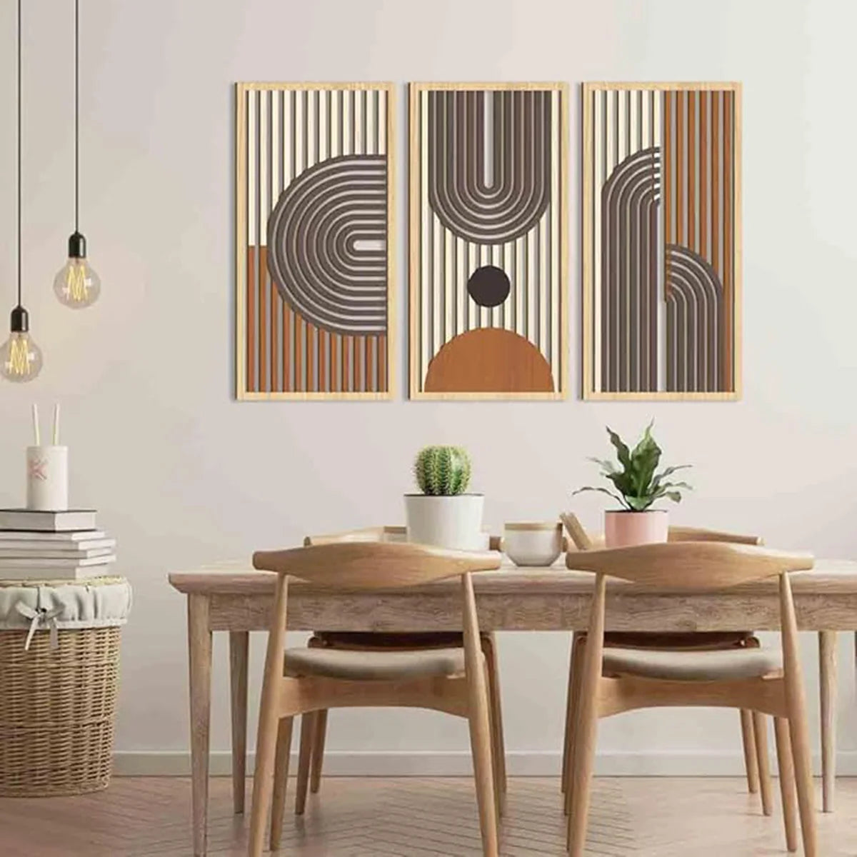 Artwork - Boho Wooden Wall Art – Hollow Abstract Geometric Decor for Home – Set of 3 Canvas Prints