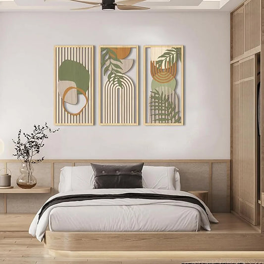 Artwork - Boho Wooden Wall Art Set – Abstract Geometric Hollow Wall Decor – Set of 3 Canvas Prints