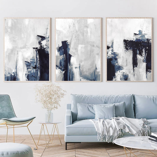 Artwork - Abstract Minimalist Blue Triptych Wall Art – Set of 3 Canvas Prints