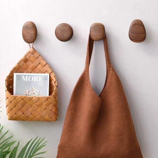 Home Decor - Scandinavian Solid Wood Handle Clothes Hook Coat Hook Wall-mounted Hook Punch-free Door Clothes Hanger Pebble Shape Cabinet Door