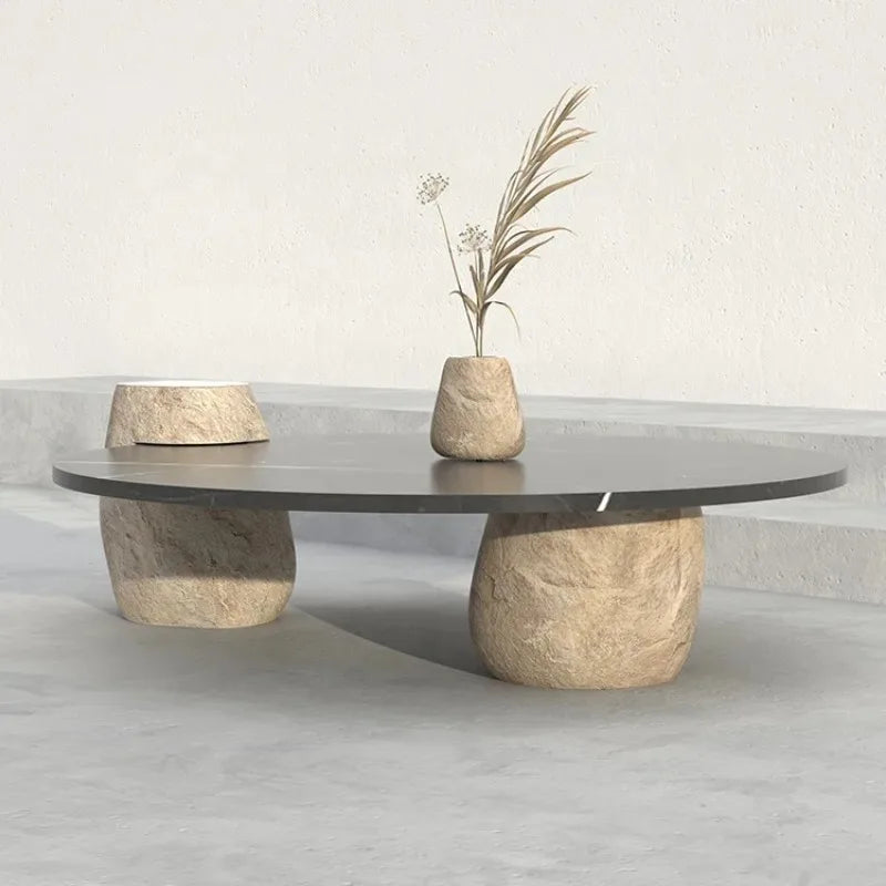 Home Decor - Side Coffee Table Marble Black Design Stone Modern, Living Room Custom River Stone Garden Round Marble Modern Coffee Table