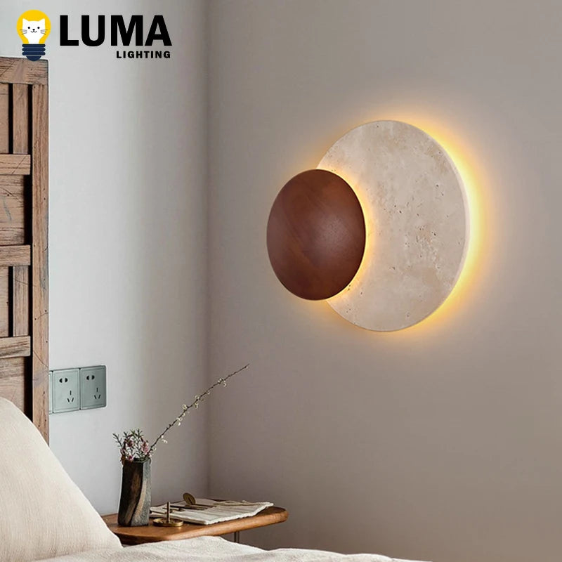 Lighting - LUMA Cave Stone Wall Light, Natural Yellow Travertine Dark Wood Wall Light For Indoor Foyer Bedroom Stairs Wabi-Sabi Home Decor