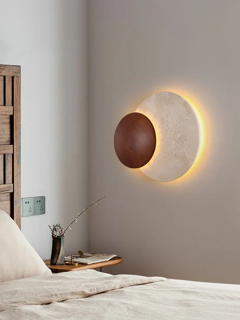 Lighting - LUMA Cave Stone Wall Light, Natural Yellow Travertine Dark Wood Wall Light For Indoor Foyer Bedroom Stairs Wabi-Sabi Home Decor
