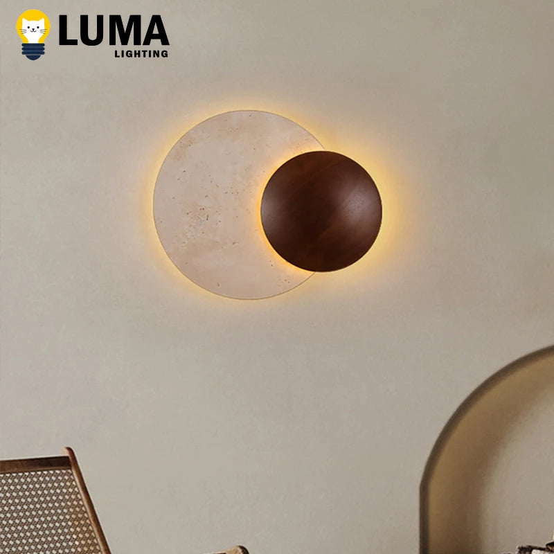 Lighting - LUMA Cave Stone Wall Light, Natural Yellow Travertine Dark Wood Wall Light For Indoor Foyer Bedroom Stairs Wabi-Sabi Home Decor