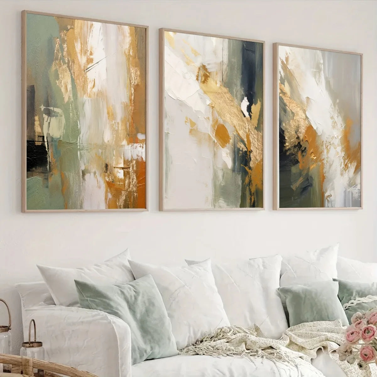 Artwork - Abstract Minimalist Golden Triptych Wall Art – Set of 3 Canvas Prints