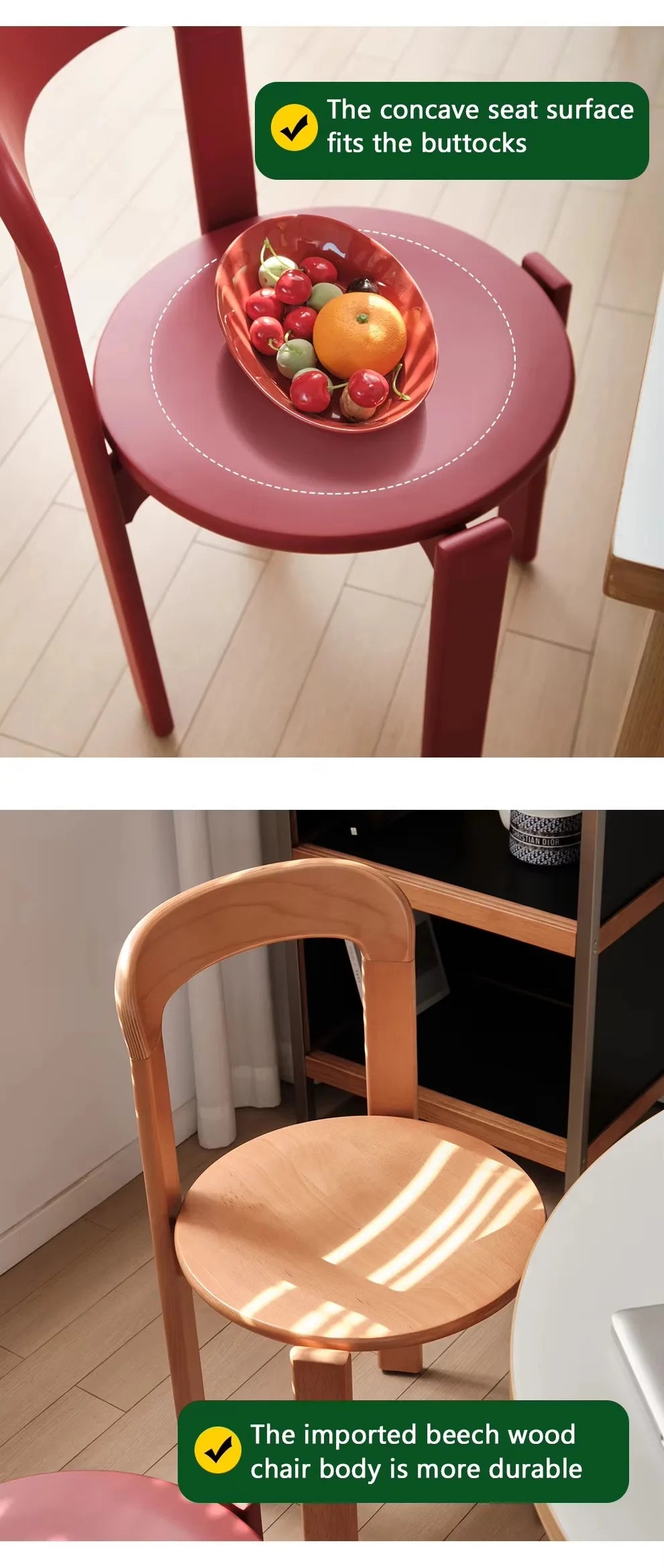 Home Decor - Rey Chair Nordic Beech Solid Wood Plywood Dining Stackable Vintage Curved Backrest Swiss Chair