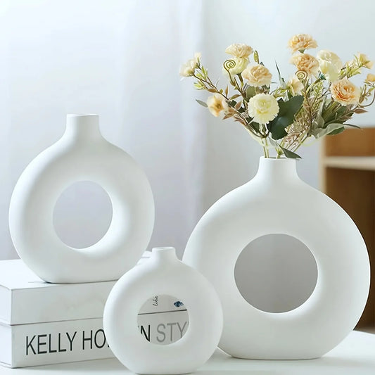Home Decor -  Modern Ceramic Donut Vase | Boho Round Circle Vase