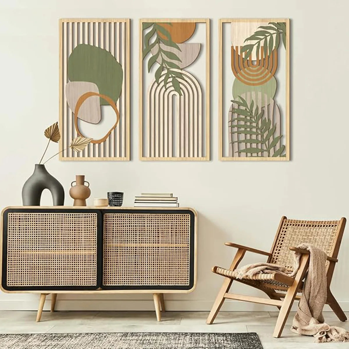 Artwork - Boho Wooden Wall Art Set – Abstract Geometric Hollow Wall Decor – Set of 3 Canvas Prints