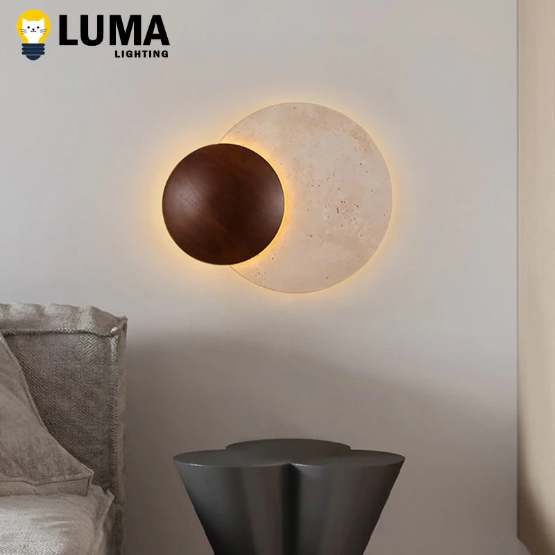 Lighting - LUMA Cave Stone Wall Light, Natural Yellow Travertine Dark Wood Wall Light For Indoor Foyer Bedroom Stairs Wabi-Sabi Home Decor