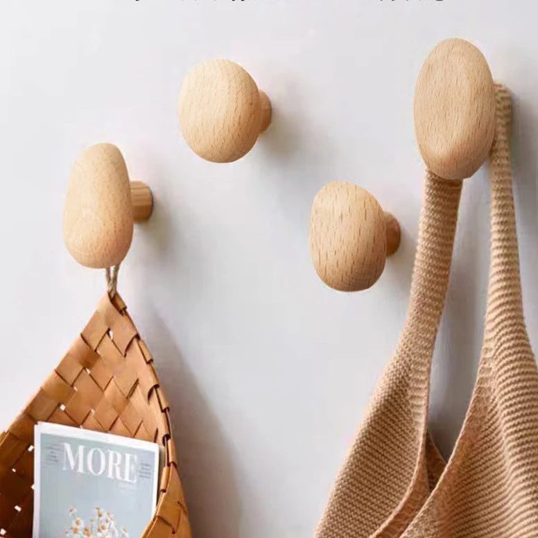 Home Decor - Scandinavian Solid Wood Handle Clothes Hook Coat Hook Wall-mounted Hook Punch-free Door Clothes Hanger Pebble Shape Cabinet Door