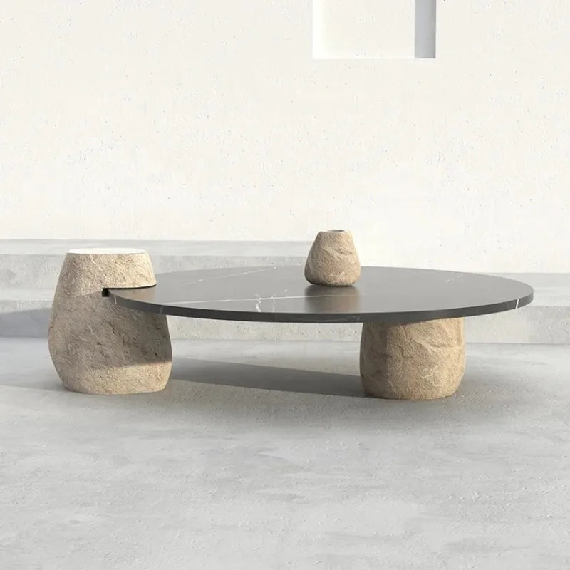 Home Decor - Side Coffee Table Marble Black Design Stone Modern, Living Room Custom River Stone Garden Round Marble Modern Coffee Table