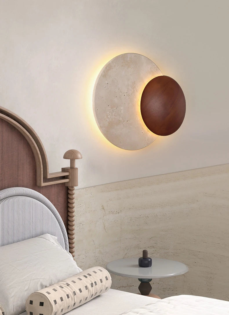 Lighting - LUMA Cave Stone Wall Light, Natural Yellow Travertine Dark Wood Wall Light For Indoor Foyer Bedroom Stairs Wabi-Sabi Home Decor