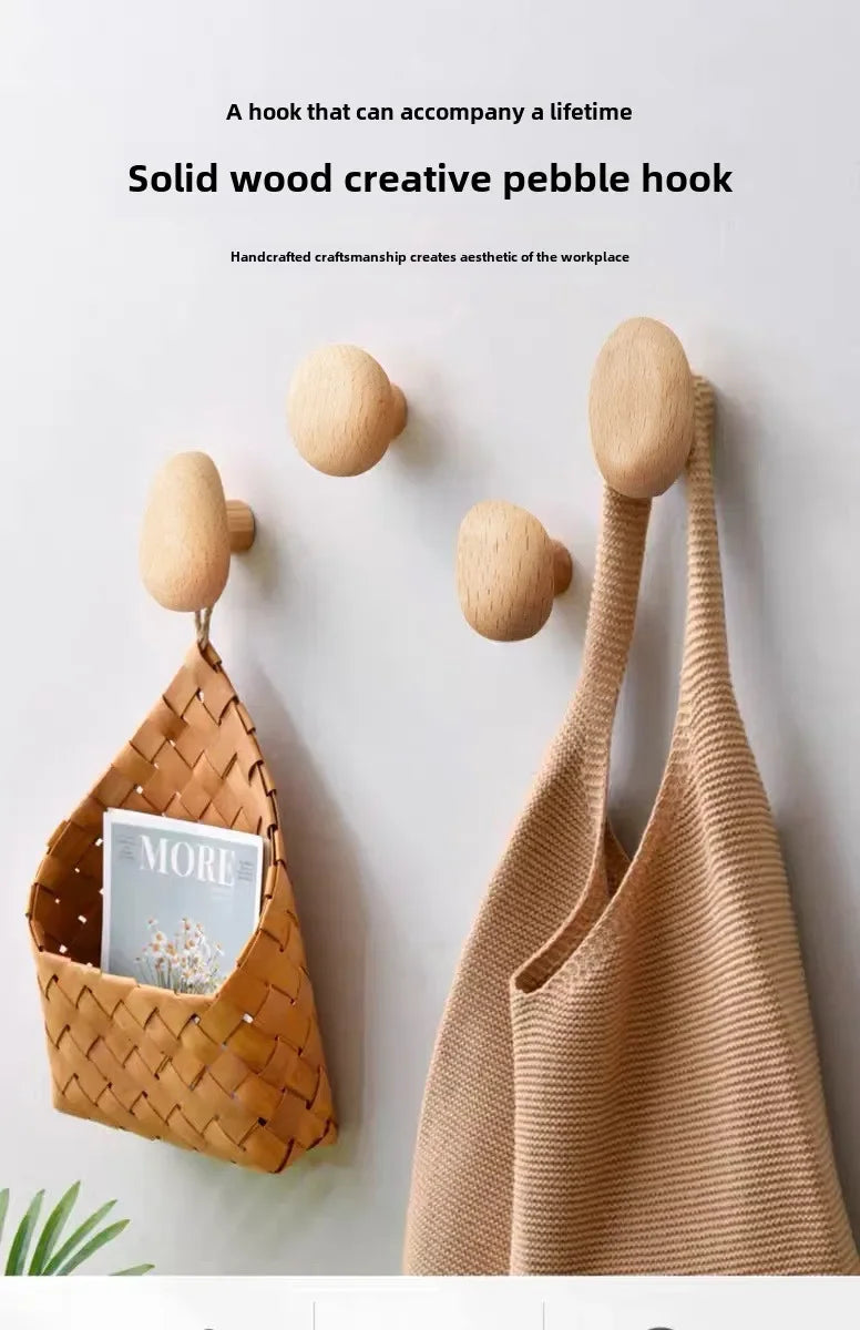 Home Decor - Scandinavian Solid Wood Handle Clothes Hook Coat Hook Wall-mounted Hook Punch-free Door Clothes Hanger Pebble Shape Cabinet Door