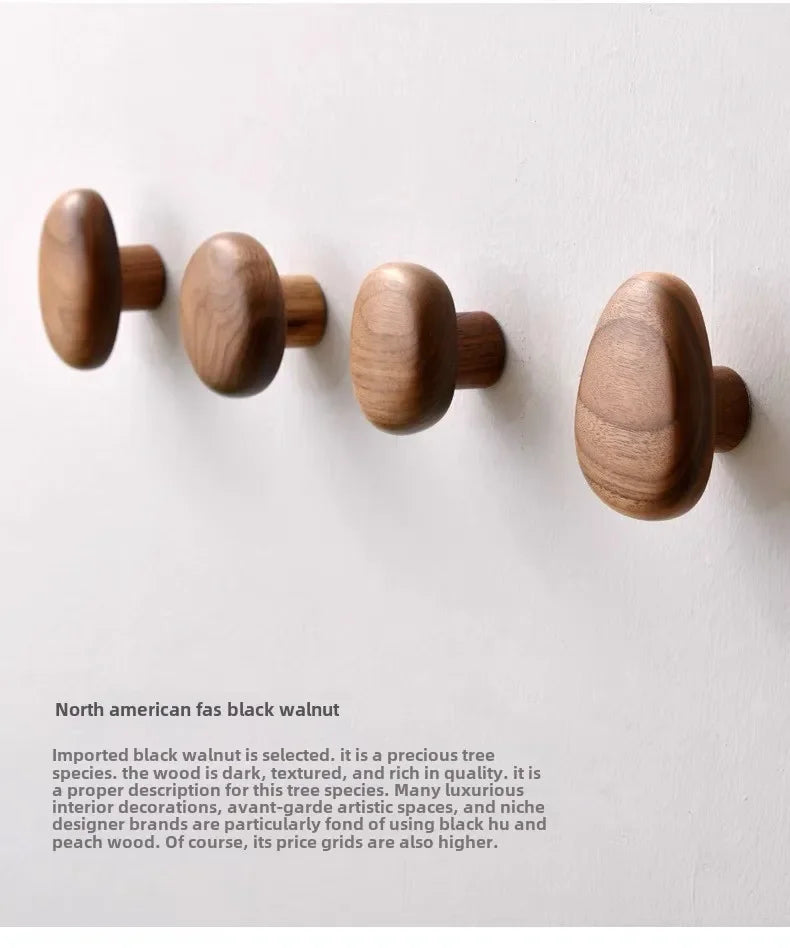 Home Decor - Scandinavian Solid Wood Handle Clothes Hook Coat Hook Wall-mounted Hook Punch-free Door Clothes Hanger Pebble Shape Cabinet Door