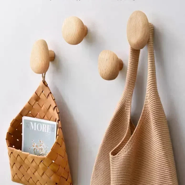 Home Decor - Scandinavian Solid Wood Handle Clothes Hook Coat Hook Wall-mounted Hook Punch-free Door Clothes Hanger Pebble Shape Cabinet Door