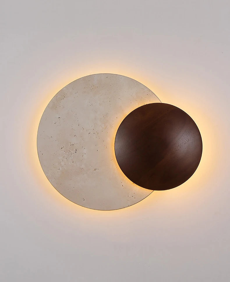 Lighting - LUMA Cave Stone Wall Light, Natural Yellow Travertine Dark Wood Wall Light For Indoor Foyer Bedroom Stairs Wabi-Sabi Home Decor