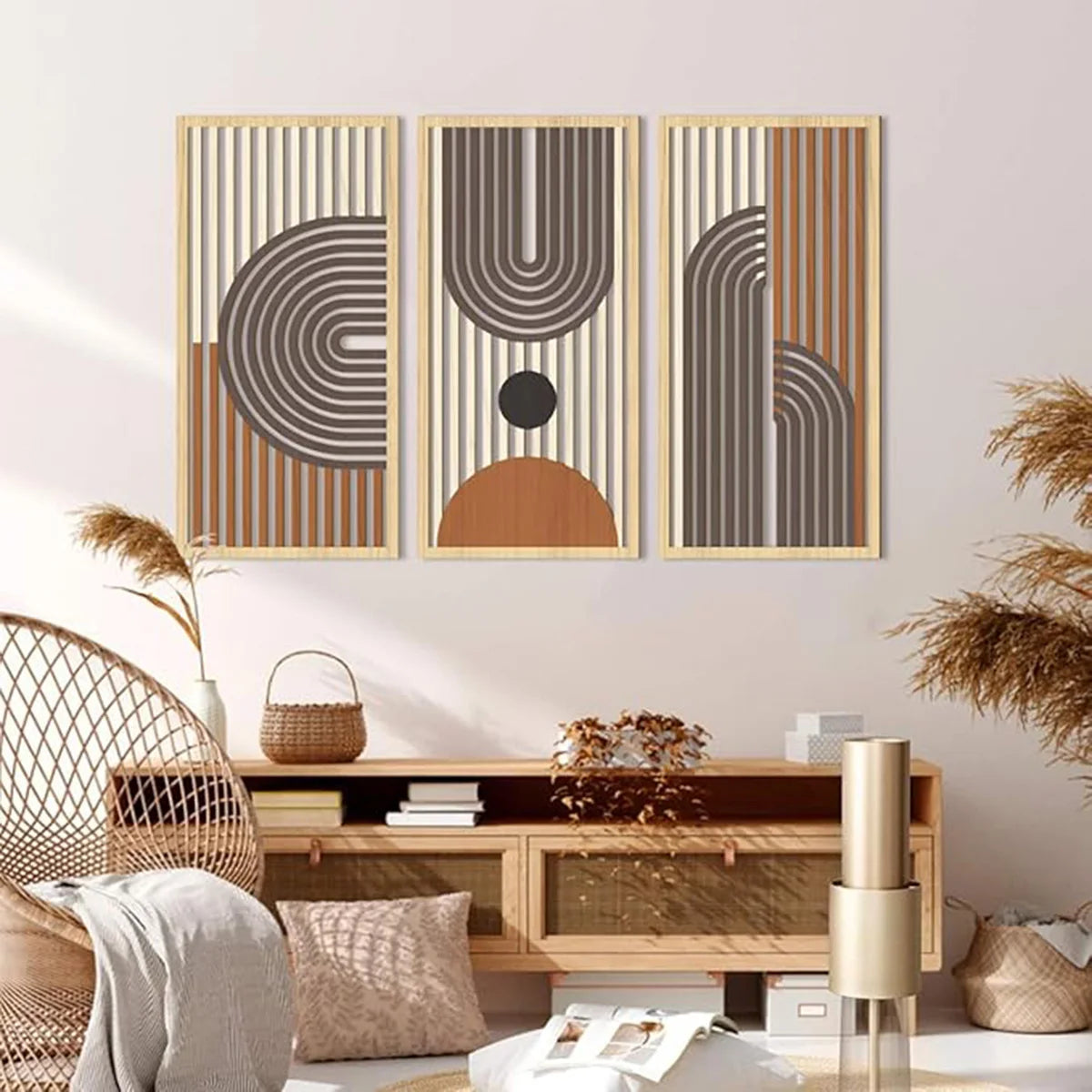 Artwork - Boho Wooden Wall Art – Hollow Abstract Geometric Decor for Home – Set of 3 Canvas Prints