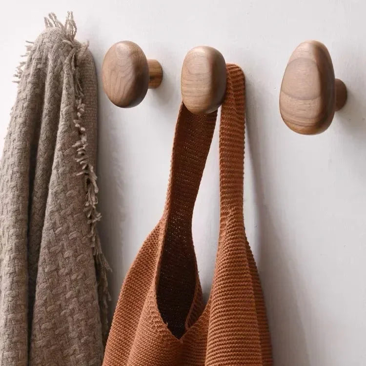 Home Decor - Scandinavian Solid Wood Handle Clothes Hook Coat Hook Wall-mounted Hook Punch-free Door Clothes Hanger Pebble Shape Cabinet Door