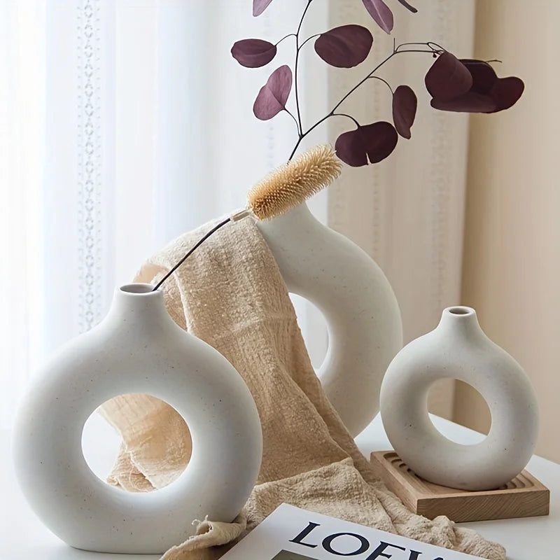 Home Decor -  Modern Ceramic Donut Vase | Boho Round Circle Vase
