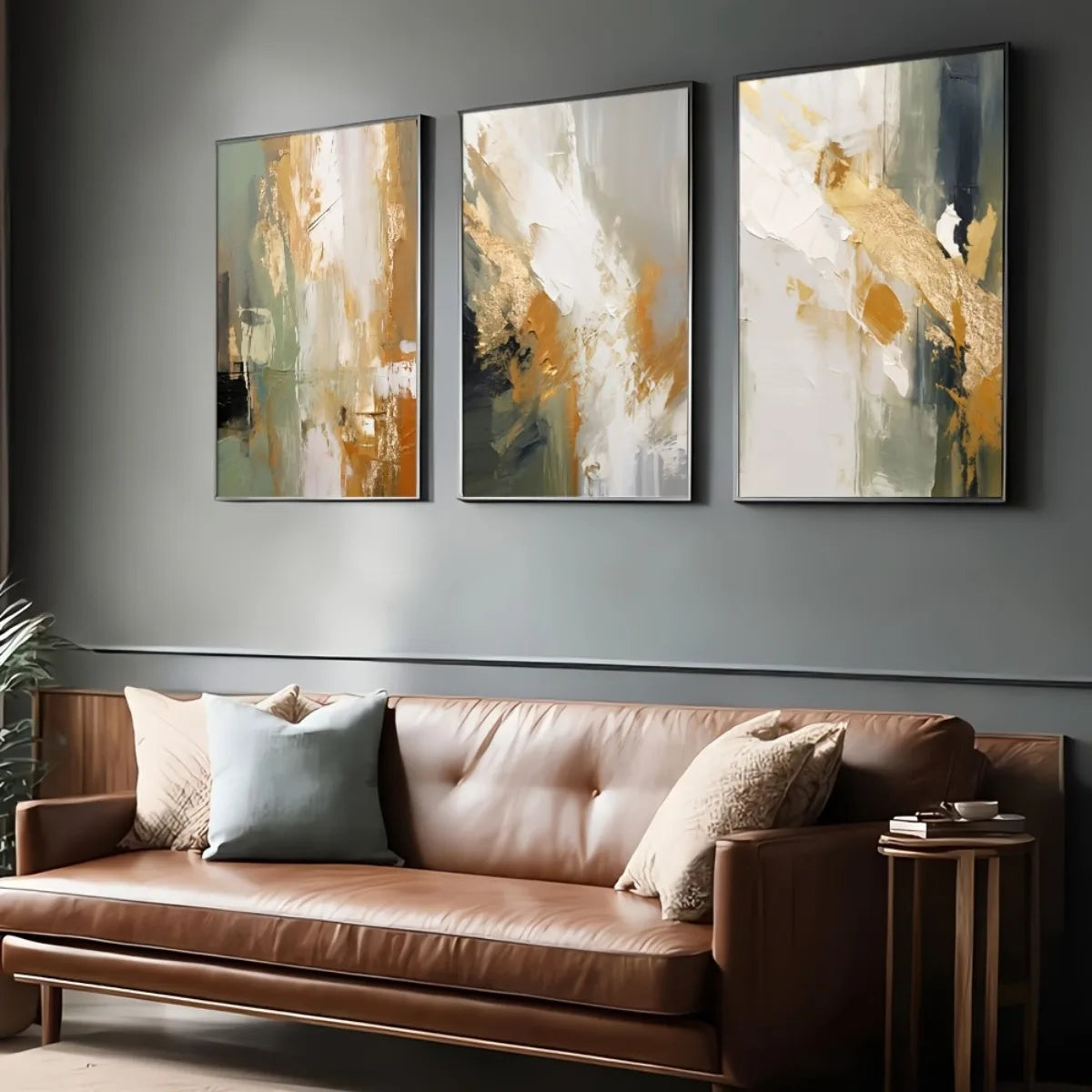 Artwork - Abstract Minimalist Golden Triptych Wall Art – Set of 3 Canvas Prints