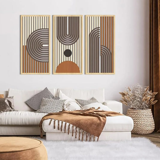 Artwork - Boho Wooden Wall Art – Hollow Abstract Geometric Decor for Home – Set of 3 Canvas Prints