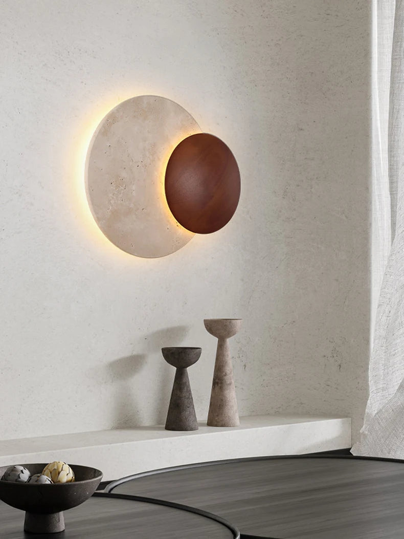 Lighting - LUMA Cave Stone Wall Light, Natural Yellow Travertine Dark Wood Wall Light For Indoor Foyer Bedroom Stairs Wabi-Sabi Home Decor