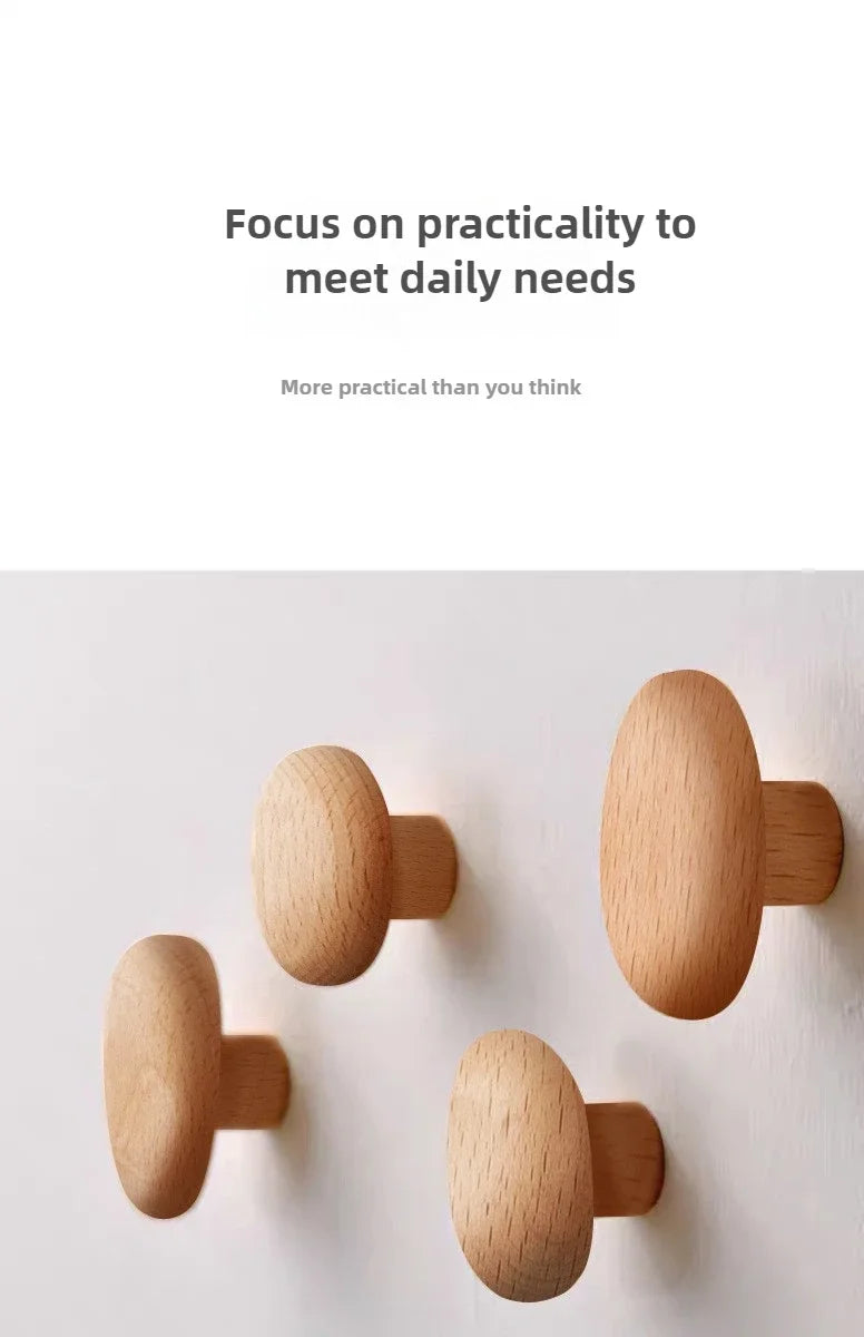 Home Decor - Scandinavian Solid Wood Handle Clothes Hook Coat Hook Wall-mounted Hook Punch-free Door Clothes Hanger Pebble Shape Cabinet Door