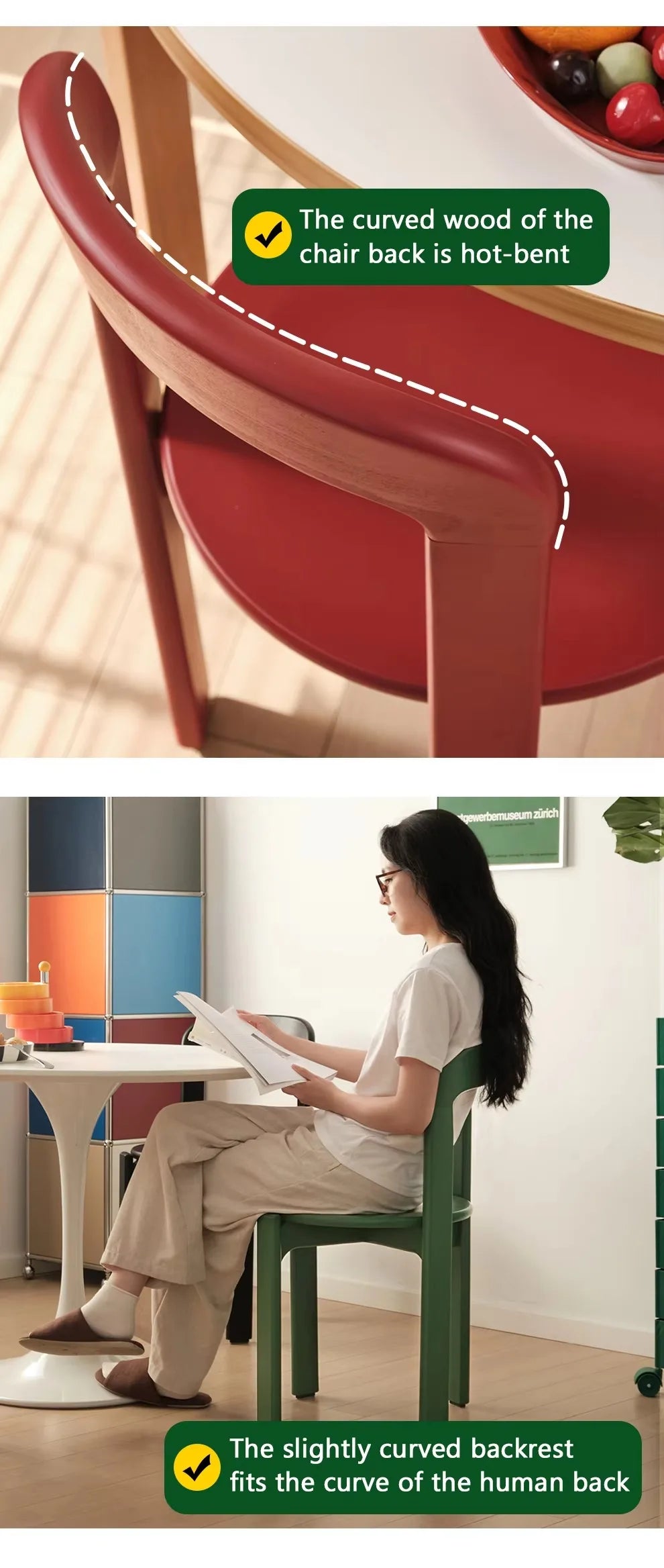 Home Decor - Rey Chair Nordic Beech Solid Wood Plywood Dining Stackable Vintage Curved Backrest Swiss Chair