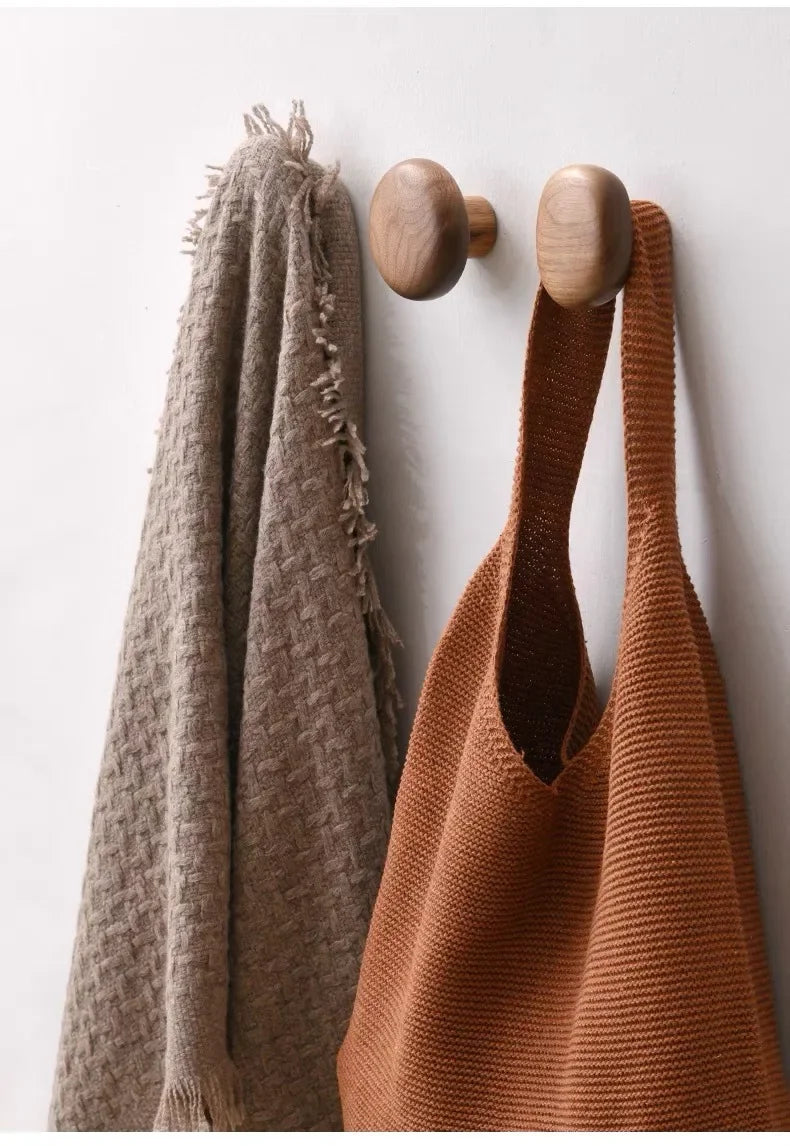 Home Decor - Scandinavian Solid Wood Handle Clothes Hook Coat Hook Wall-mounted Hook Punch-free Door Clothes Hanger Pebble Shape Cabinet Door