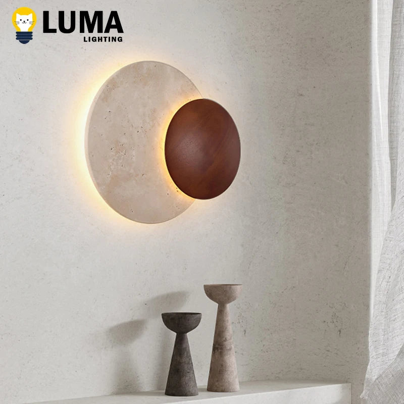 Lighting - LUMA Cave Stone Wall Light, Natural Yellow Travertine Dark Wood Wall Light For Indoor Foyer Bedroom Stairs Wabi-Sabi Home Decor