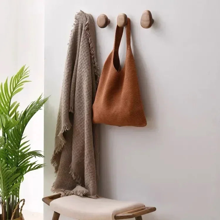 Home Decor - Scandinavian Solid Wood Handle Clothes Hook Coat Hook Wall-mounted Hook Punch-free Door Clothes Hanger Pebble Shape Cabinet Door