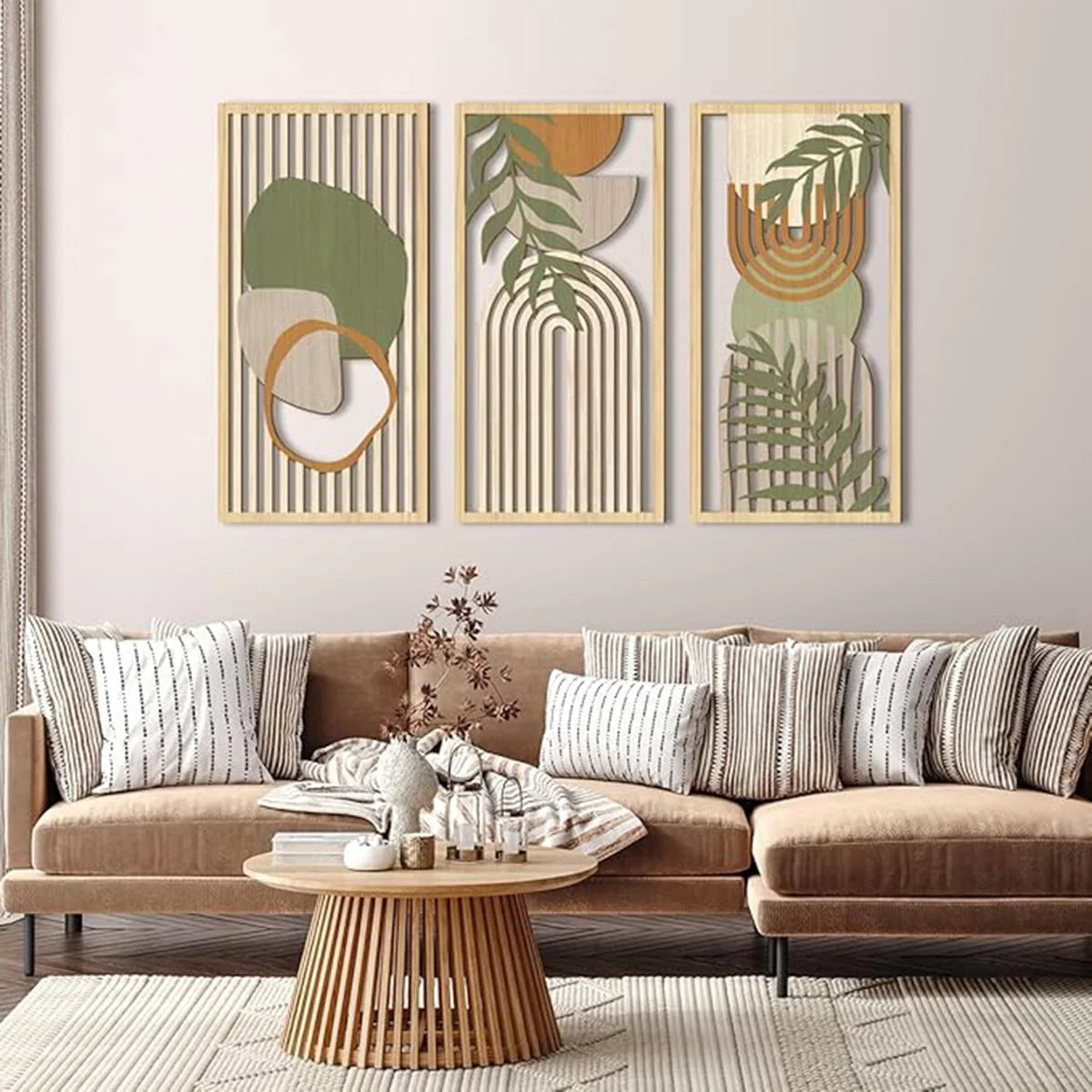 Artwork - Boho Wooden Wall Art Set – Abstract Geometric Hollow Wall Decor – Set of 3 Canvas Prints