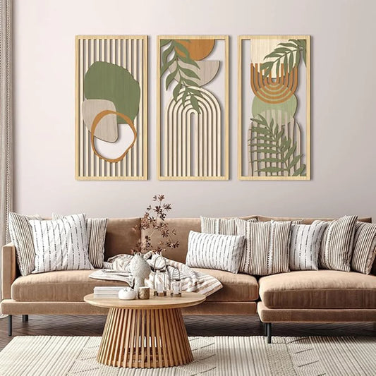 Artwork - Boho Wooden Wall Art Set – Abstract Geometric Hollow Wall Decor – Set of 3 Canvas Prints