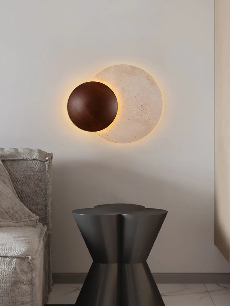 Lighting - LUMA Cave Stone Wall Light, Natural Yellow Travertine Dark Wood Wall Light For Indoor Foyer Bedroom Stairs Wabi-Sabi Home Decor