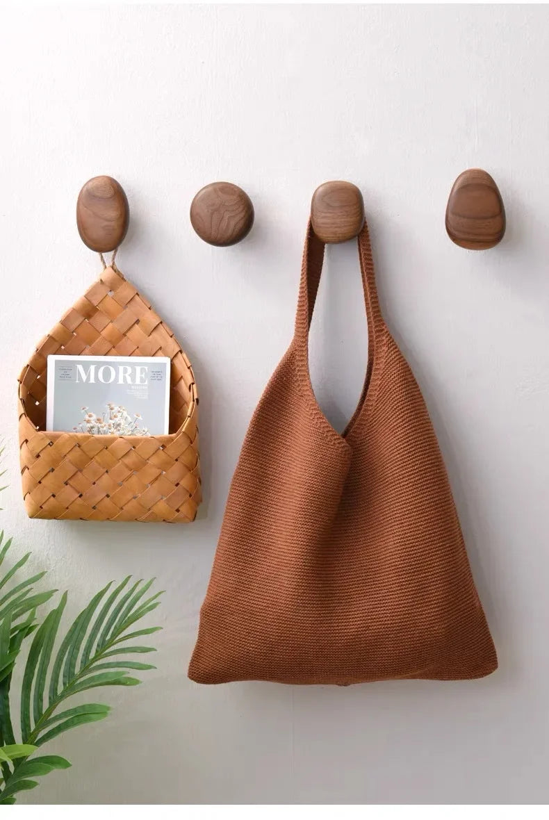 Home Decor - Scandinavian Solid Wood Handle Clothes Hook Coat Hook Wall-mounted Hook Punch-free Door Clothes Hanger Pebble Shape Cabinet Door