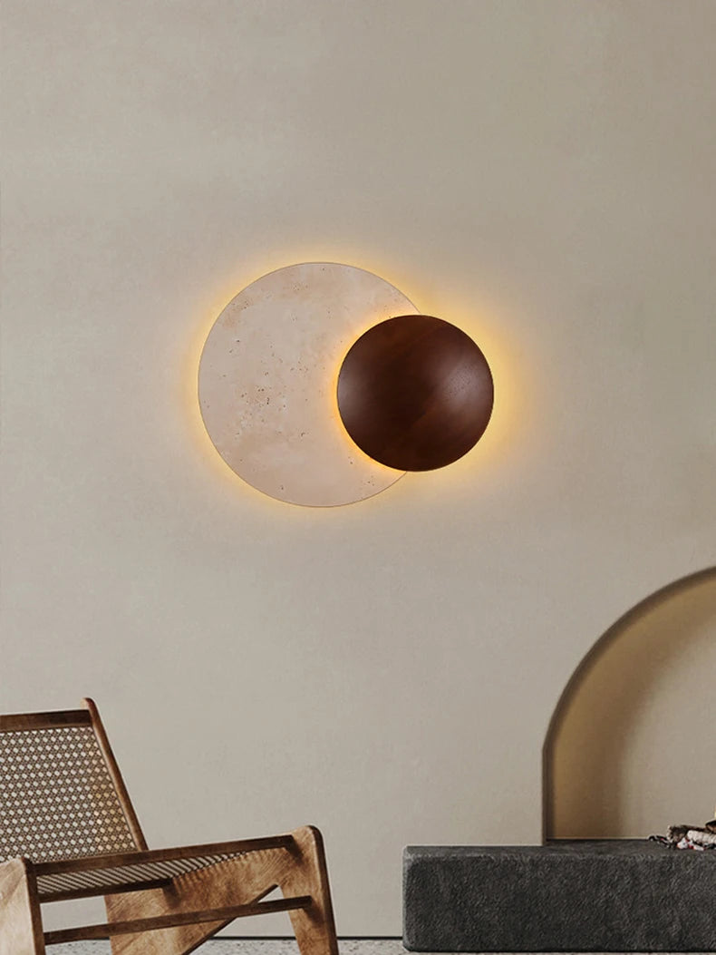 Lighting - LUMA Cave Stone Wall Light, Natural Yellow Travertine Dark Wood Wall Light For Indoor Foyer Bedroom Stairs Wabi-Sabi Home Decor