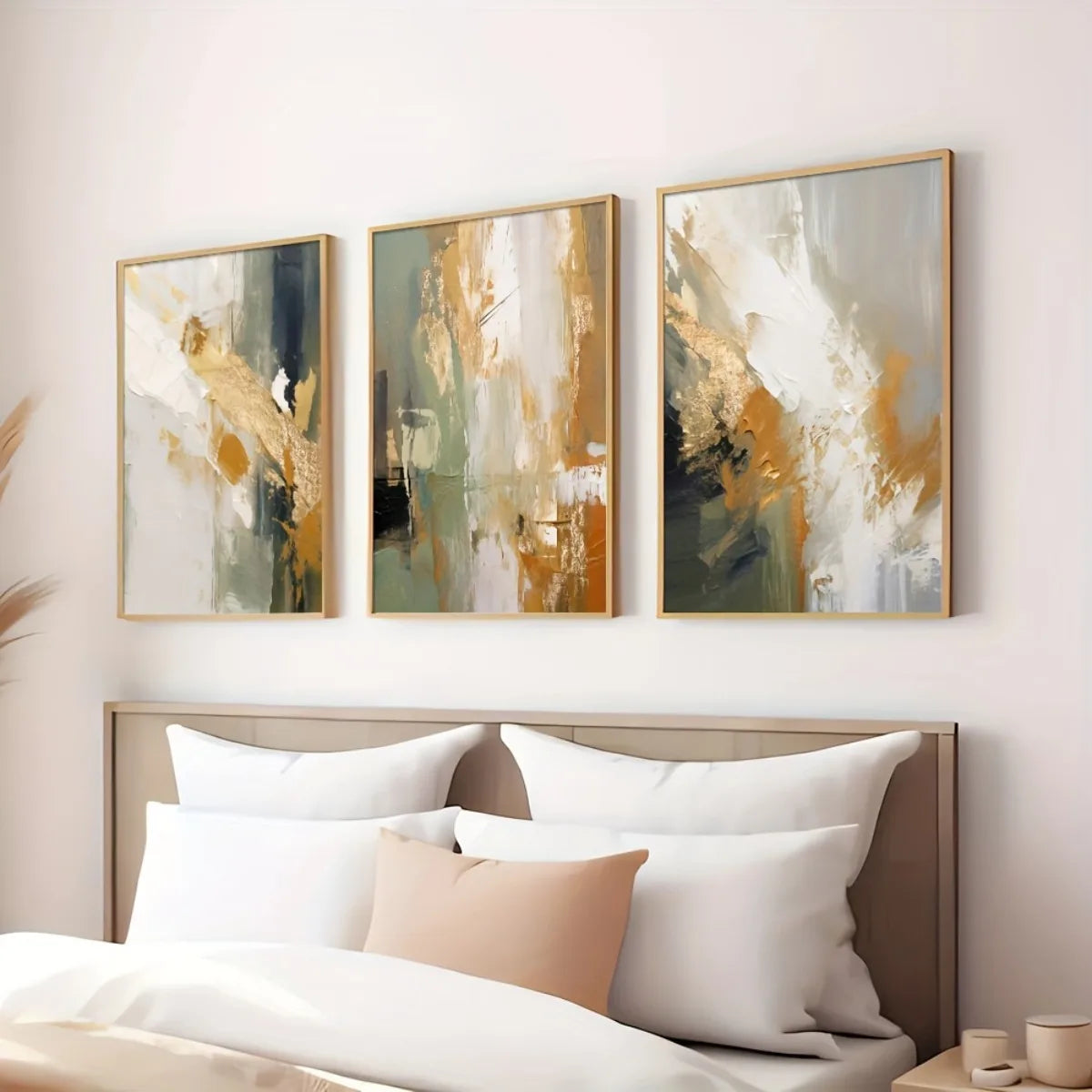 Artwork - Abstract Minimalist Golden Triptych Wall Art – Set of 3 Canvas Prints