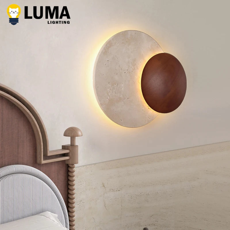 Lighting - LUMA Cave Stone Wall Light, Natural Yellow Travertine Dark Wood Wall Light For Indoor Foyer Bedroom Stairs Wabi-Sabi Home Decor