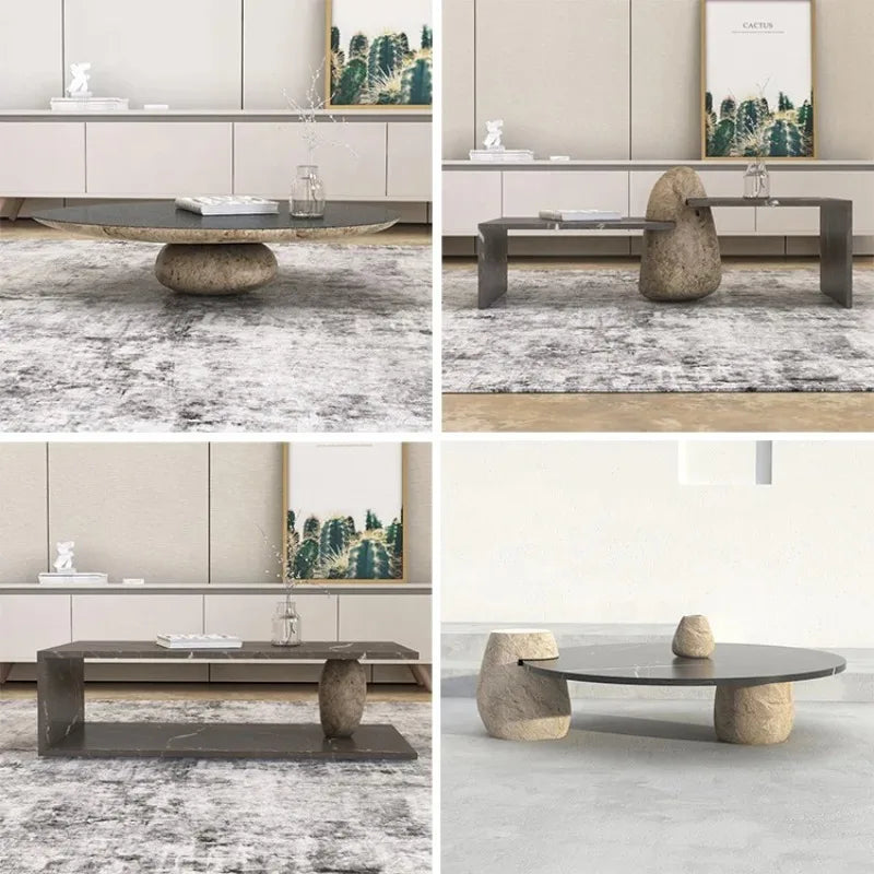 Home Decor - Side Coffee Table Marble Black Design Stone Modern, Living Room Custom River Stone Garden Round Marble Modern Coffee Table