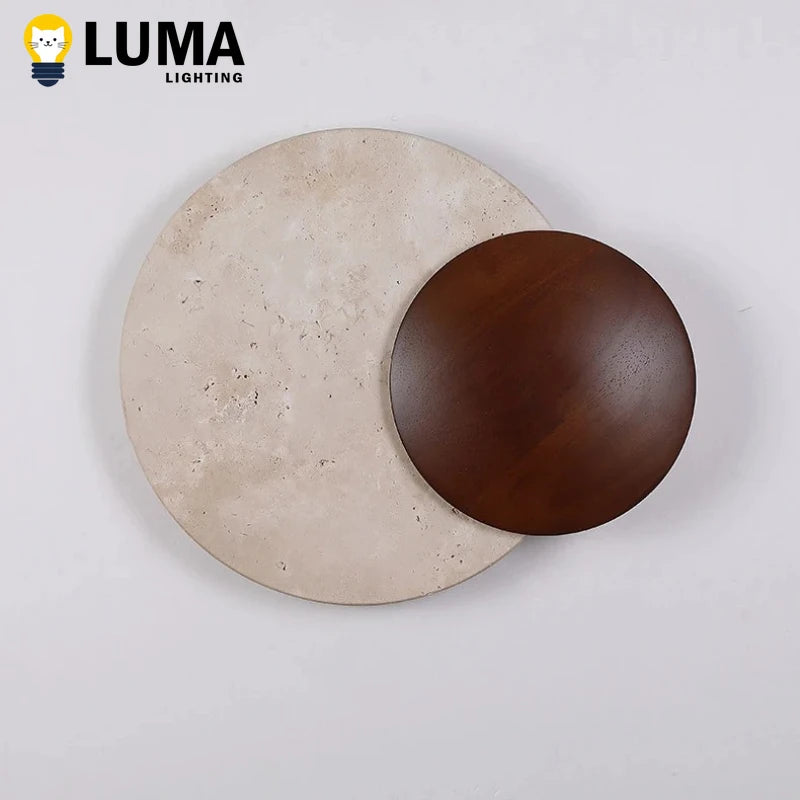 Lighting - LUMA Cave Stone Wall Light, Natural Yellow Travertine Dark Wood Wall Light For Indoor Foyer Bedroom Stairs Wabi-Sabi Home Decor